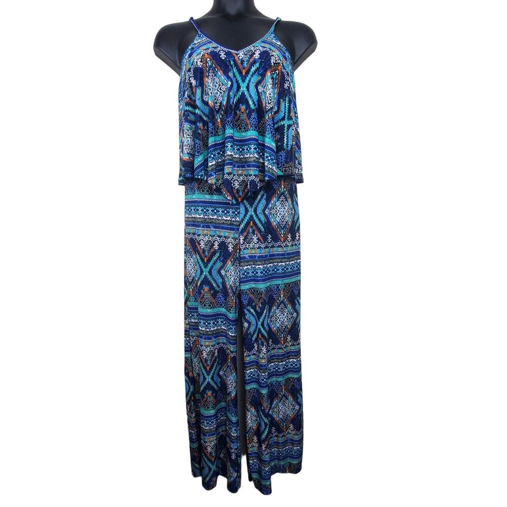 RUE 21 Blue Strappy Flow Tiered  Aztec Print Jumpsuit | Small